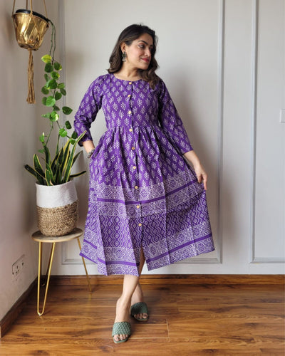 Indiehaat | Blockprinted Cotton Long Dress Purple