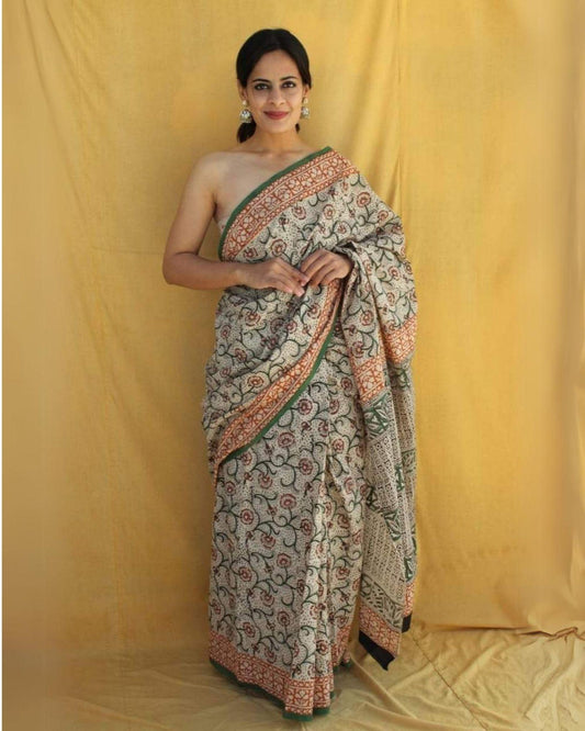 Indiehaat | Pure Mulmul Cotton Saree Beige Color handblock printed with Running Blouse