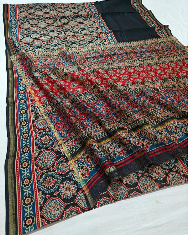 Indiehaat | Chanderi Silk Ajrakh Print Saree Black