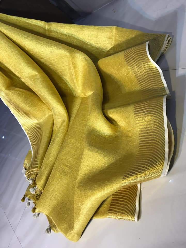 5908-Hand Dyed Pure Tissue Linen Saree Golden Colour With Running Blouse