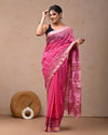 Indiehaat | Maheshwari Silk Saree Pink Color Bagru Handblock Printed with Running Blouse (Silk by Silk)