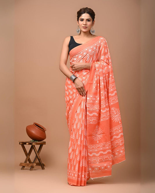 Indiehaat | Pure Mulmul Cotton Saree Pink Color Bagru Handblock Print with Running Blouse