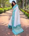 Indiehaat | Soft Silk Floral Border Contrast Zari Woven White Saree