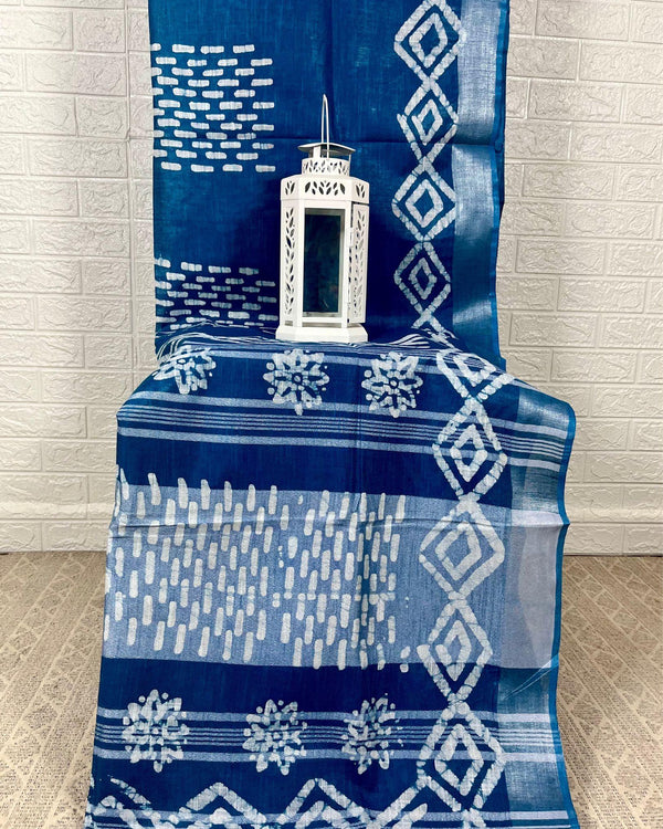 Golden Slub Linen Wax Batik Handcrafted Saree Blue