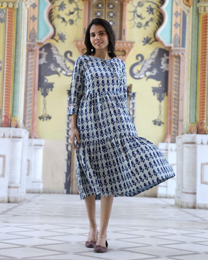 IndieHaat | Cotton One Piece Grey Frill Dress Handblock Print Ajrakh Dabu Size 38 to 47