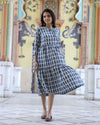 IndieHaat | Cotton One Piece Gray Frill Dress Handblock Print Ajrakh Dabu Size 38 to 47