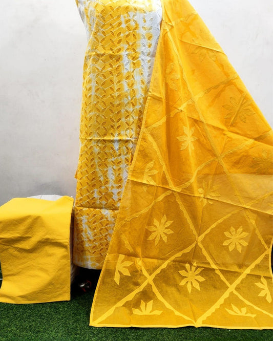 Indiehaat | Cotton Applique Suit Set Shibori Dyed White Top with Yellow Bottom and Dupatta