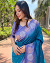 Indiehaat | Soft Silk Floral Border Contrast Zari Woven Rama Blue Saree