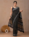 Indiehaat | Mulmul Cotton Saree Black Color Handblock Printed with Running Blouse