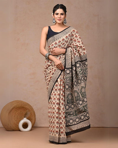 Indiehaat | Mulmul Cotton Saree Light Peach Color Handblock Printed with Running Blouse