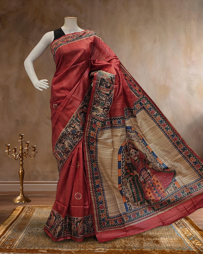 Indiehaat | Madhubani Handpainted Tussar Silk Red Saree