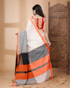 Indiehaat | Mulmul Cotton Off White Saree Contrast Pallu