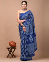 Indiehaat | Pure Mulmul Cotton Saree indigo Color Bagru Handblock Print with Running Blouse