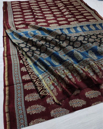 Indiehaat | Chanderi Silk Ajrakh Print Saree Red