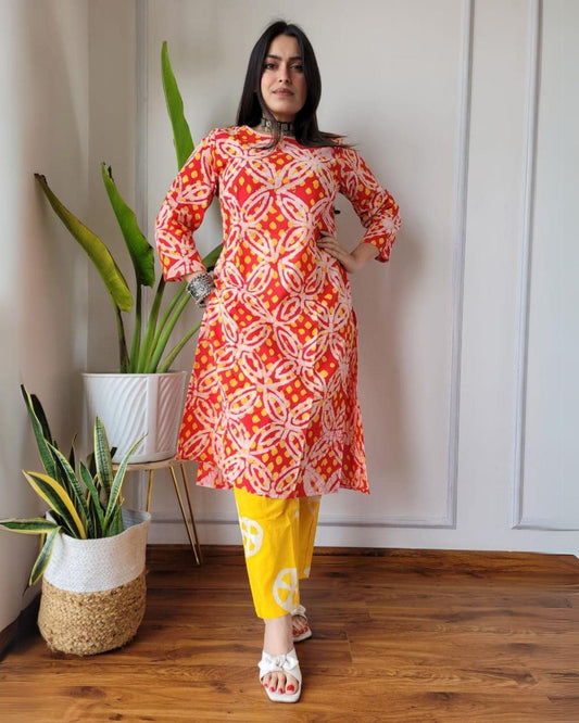 Indiehaat | Cotton Stitched Kurti Red Color Handblock Printed With Pant