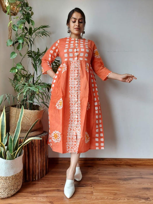 Indiehaat | Cotton Long One Piece Dress Orange Color Bagru Hand Printed Size 36 to 46