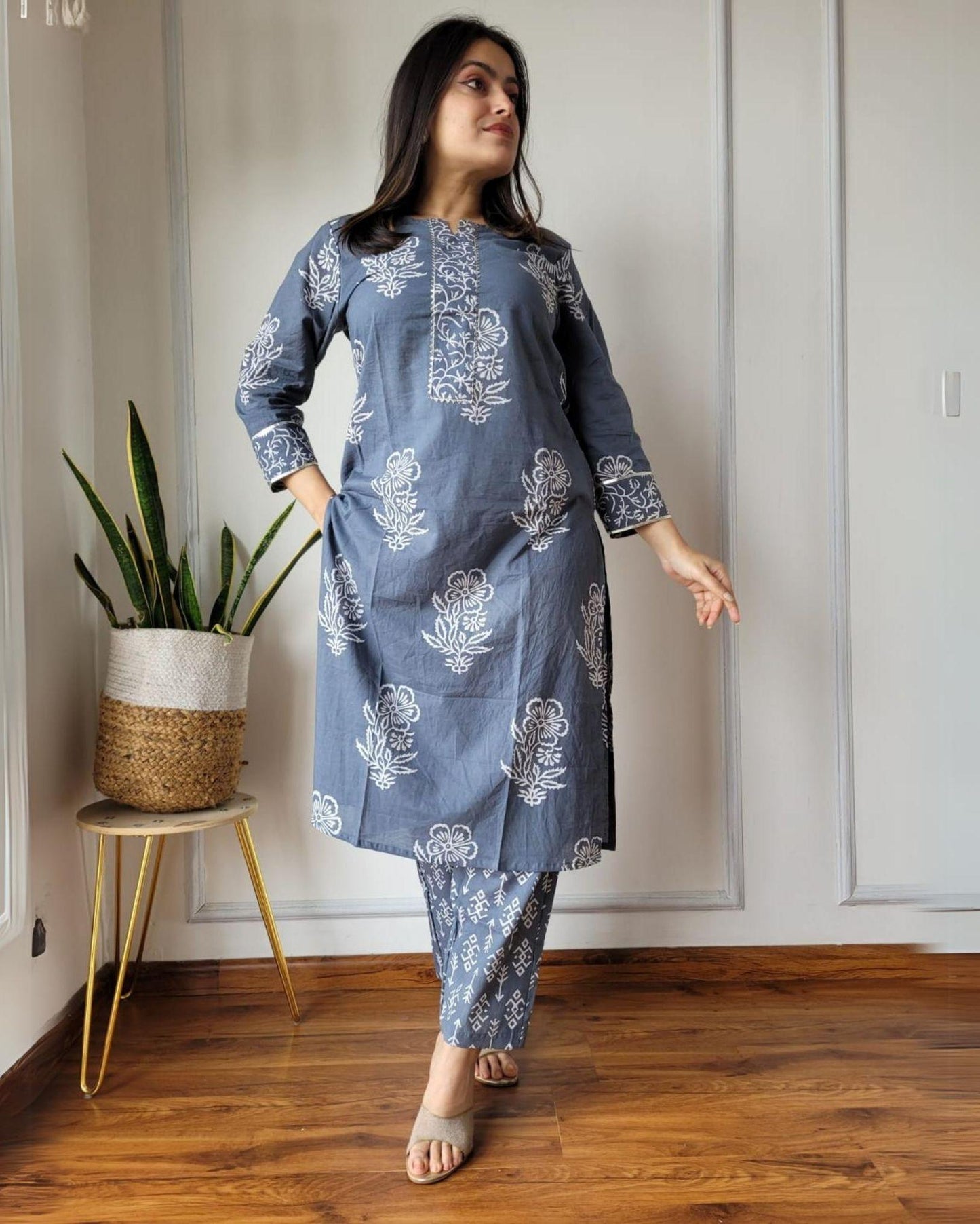 Indiehaat | Cotton Stitched Kurti Gray Color Handblock Printed With Pant