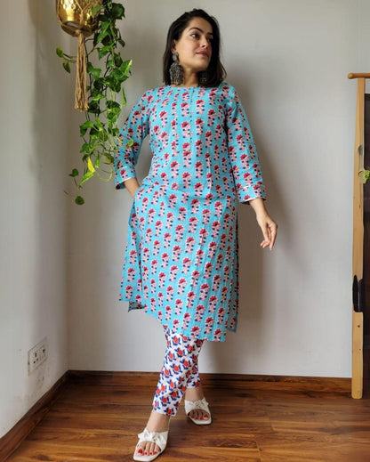Indiehaat | Cotton Stitched Kurti Sky Blue Color Handblock Printed With Pant