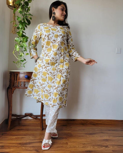 Indiehaat | Cotton Stitched Kurti Off White Color Handblock Printed With Pant