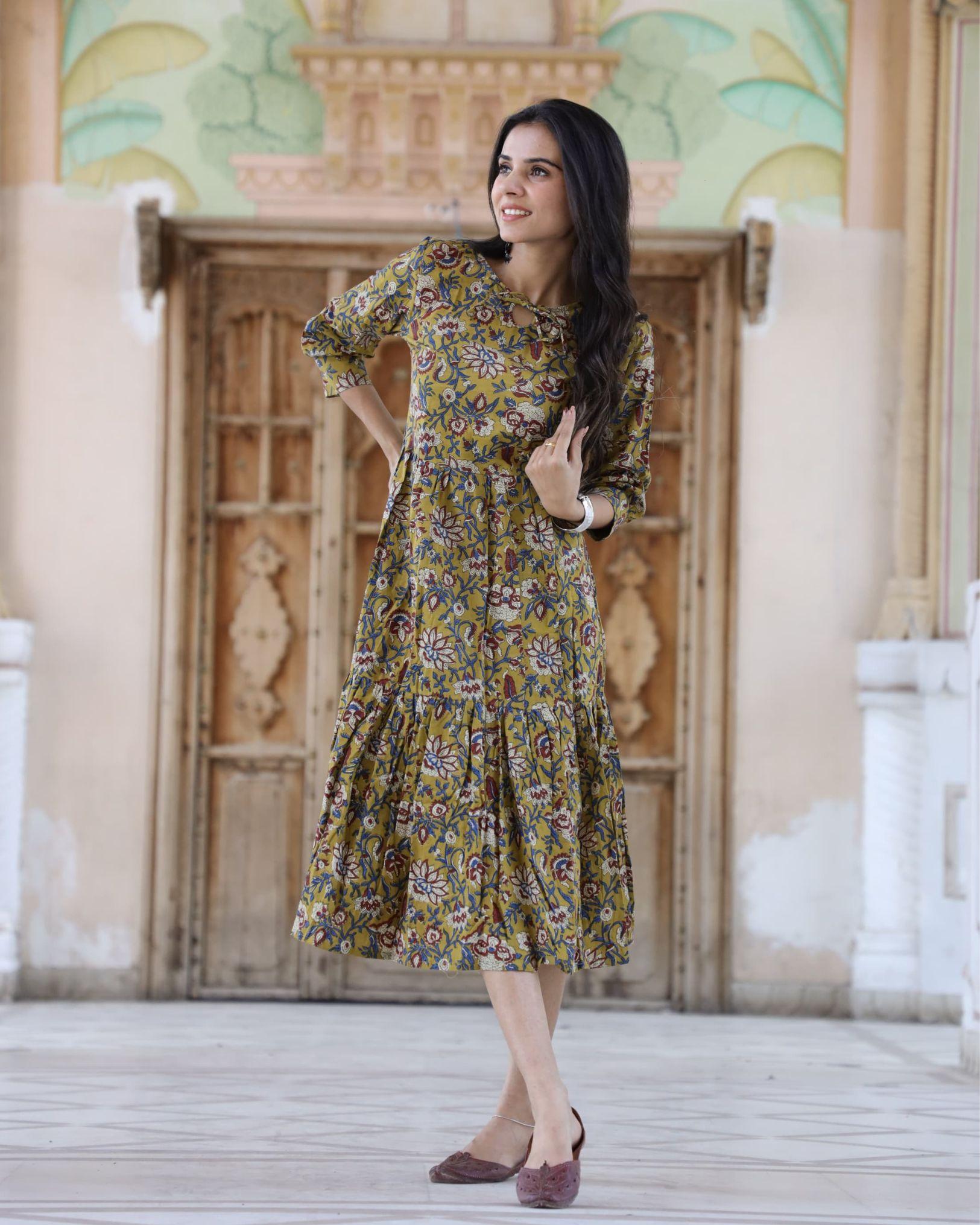 IndieHaat | Cotton One Piece Yellow Frill Dress Handblock Print Ajrakh Dabu Size 38 to 49