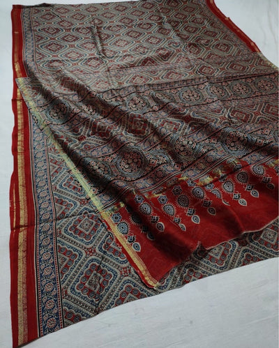 Indiehaat | Chanderi Silk Ajrakh Print Saree Multicolor