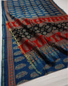 Indiehaat | Chanderi Silk Ajrakh Print Saree Blue