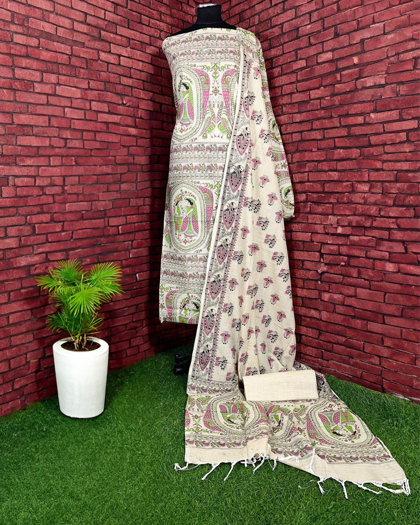 Indiehaat | Khadi Silk Light Beige Suit Madhubani Print Top+Bottom+Dupatta