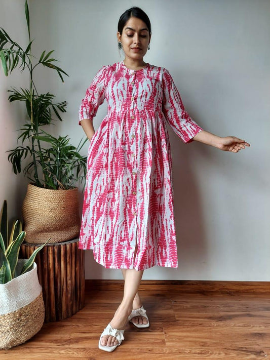 Indiehaat | Cotton Long One Piece Dress White and Pink Color Bagru Hand Printed Size 36 to 46
