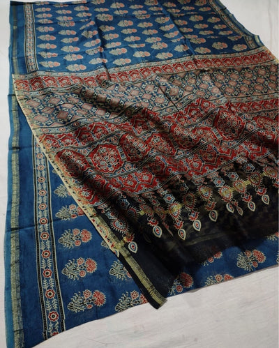 Indiehaat | Chanderi Silk Ajrakh Print Saree Blue