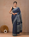 Indiehaat | Pure Mulmul Cotton Saree Blue Color handblock printed with Running Blouse