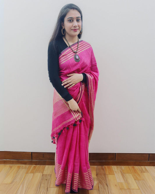 IndieHaat | Khadi Linen Pink Saree Striped Border Running blouse