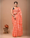 Indiehaat | Pure Mulmul Cotton Saree Orange Color Bagru Handblock Print with Running Blouse