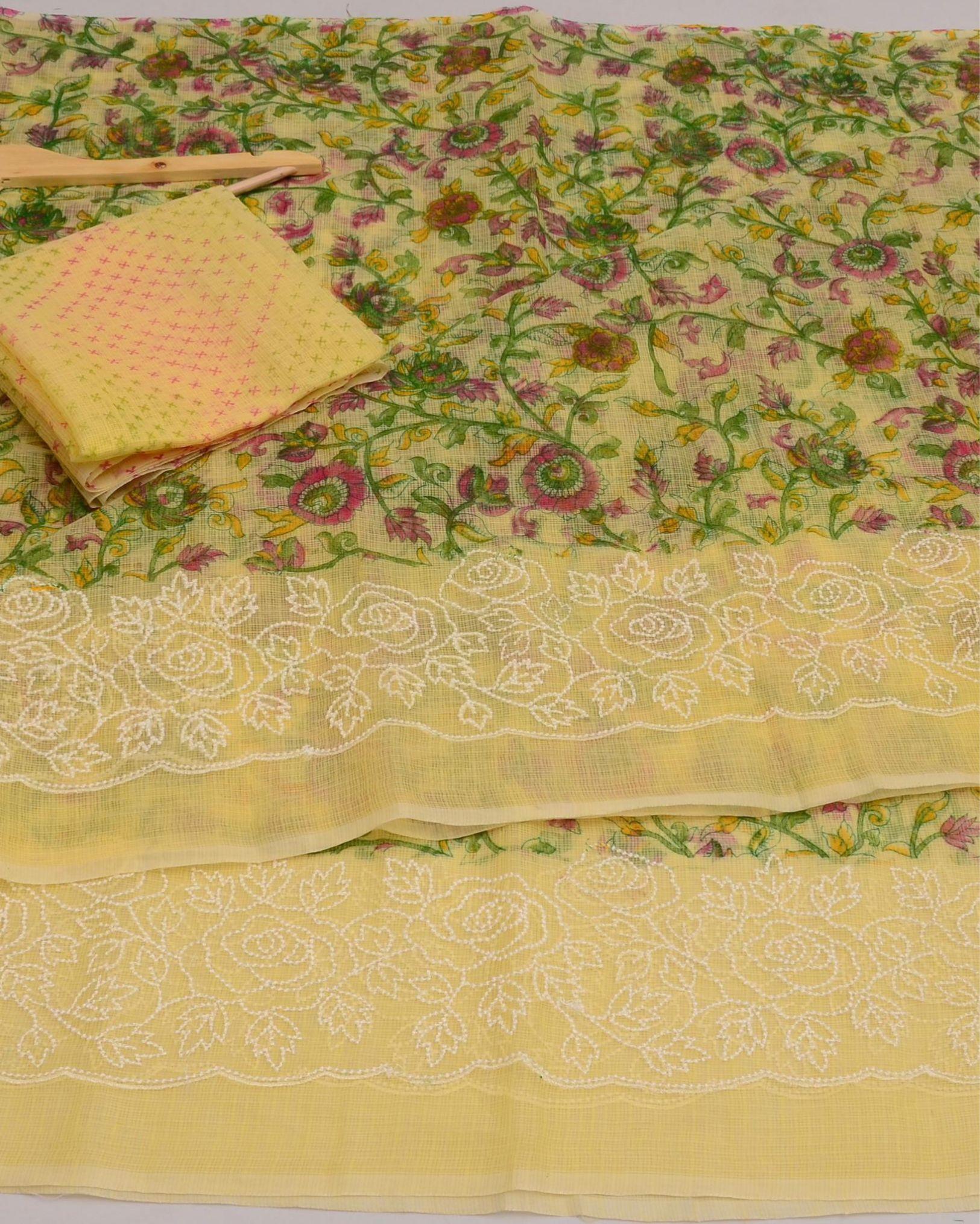 Indiehaat | Kota Doria Printed Yellow Saree Embroidery with Blouse Piece