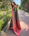 Indiehaat | Soft Kashmiri Silk Zari Woven Contrast Green Saree