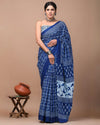 Indiehaat | Pure Mulmul Cotton Saree indigo Color Bagru Handblock Print with Running Blouse