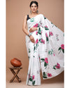 Indiehaat | Pure Mulmul Cotton Saree White Color Bagru Handblock Print with Running Blouse