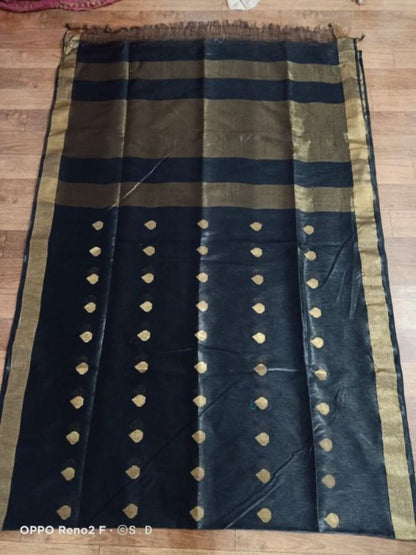 Silk Linen Handloom Black Saree with Blouse Buta weaving and running blouse-Indiehaat