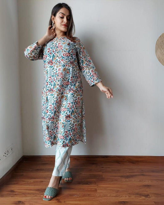 Indiehaat | Cotton Stitched Kurti Multi Color Handblock Printed With Pant