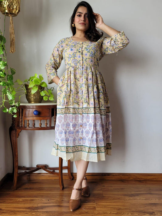Indiehaat | Cotton Long One Piece Dress Muted Yellow Color Bagru Hand Printed Size 36 to 46