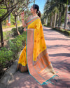 Indiehaat | Soft Silk Contrast Zari Woven Yellow Saree