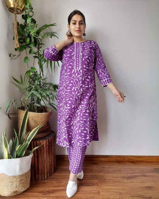 Indiehaat | Cotton Stitched Kurti Purple Color Handblock Printed With Pant