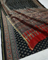 Indiehaat | Ajrakh Printed Chanderi Silk Saree Black | Serenity in Silk