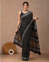 Indiehaat | Pure Mulmul Cotton Saree Black Color handblock printed with Running Blouse