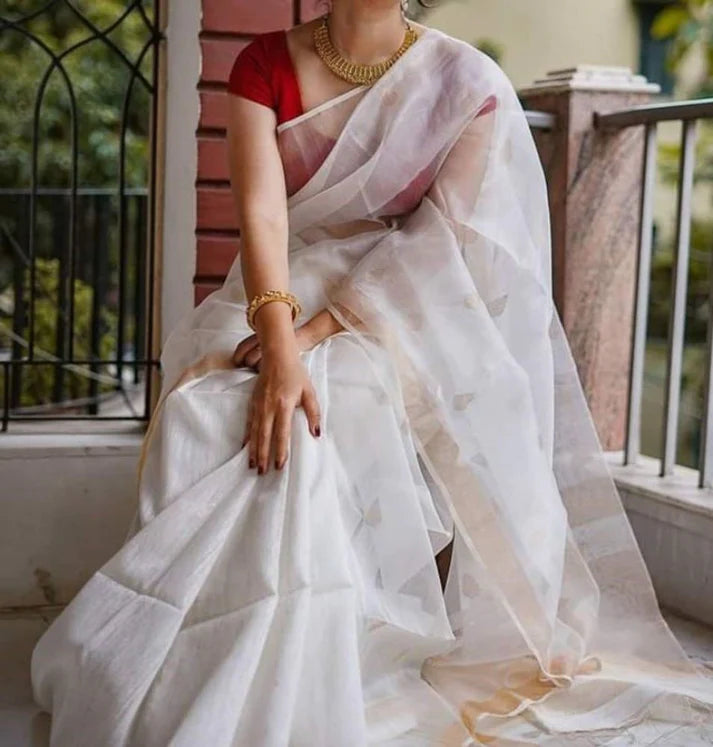 White-Smoke Banarasi Munga Silk Handloom Saree With Floral Butta Pattern  And Broad Border | Exotic India Art