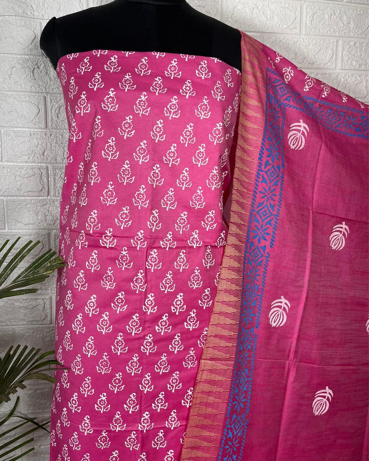IndieHaat | Katan Silk Pink Suit Printed Top+Bottom+Dupatta Ajrakh Dabu