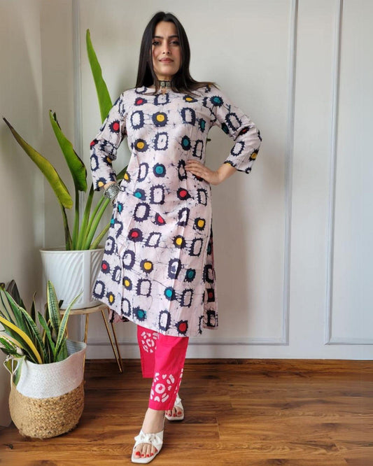 Indiehaat | Cotton Stitched Kurti White Color Handblock Printed With Pant
