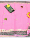 Peony Pink Kota Doria Gota Patti Saree With Bandhej Border | Indiehaat