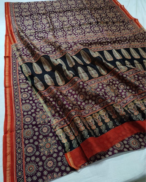 Indiehaat | Chanderi Silk Ajrakh Print Saree Red