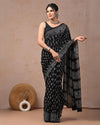 Indiehaat | Mulmul Cotton Saree Black Color Handblock Printed with Running Blouse