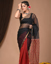 Indiehaat | Blockprinted Kota Doria Black & Red Saree | Elegant